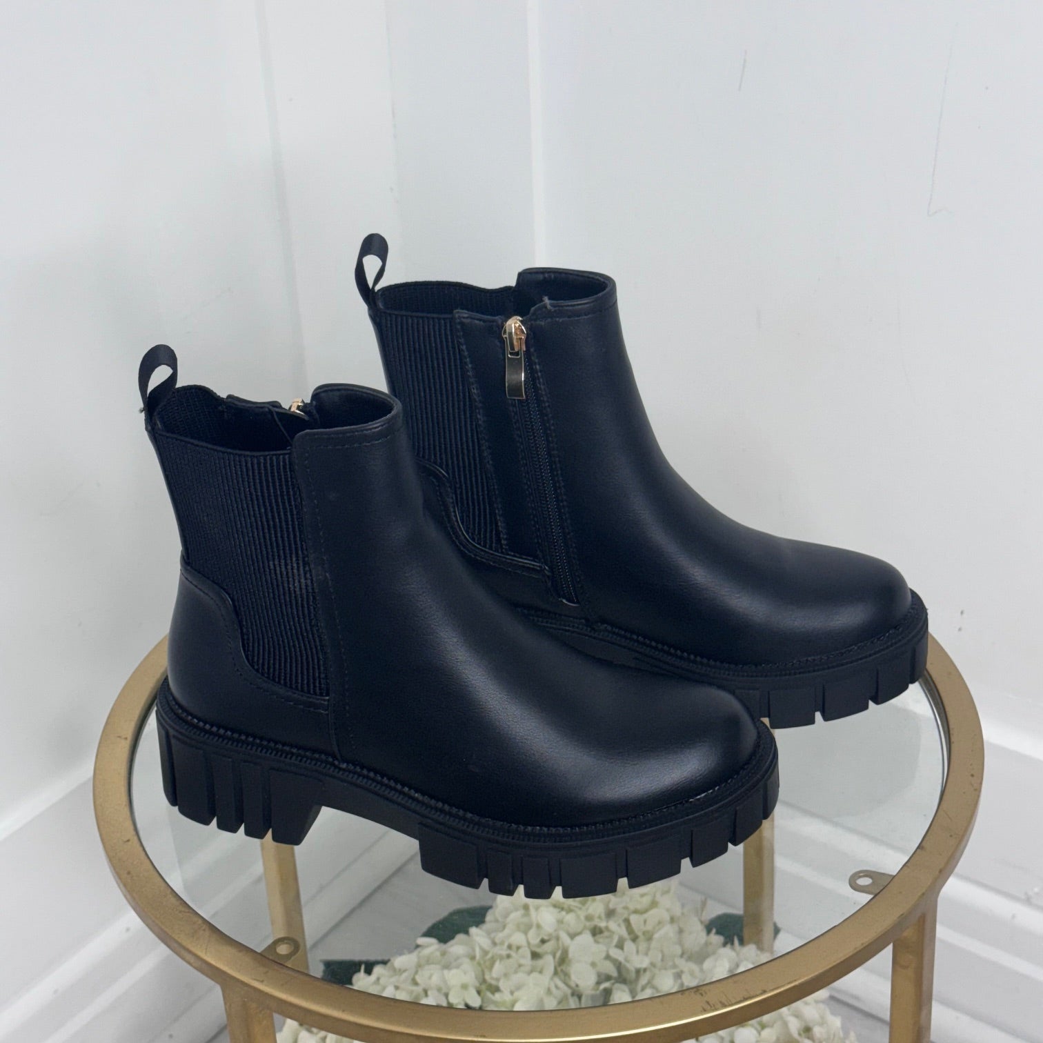 India Matt black chunky chelsea boots. Sizes 3 8