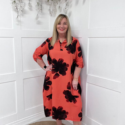 Diana: Coral floral print midi dress with pockets. One size 16-22