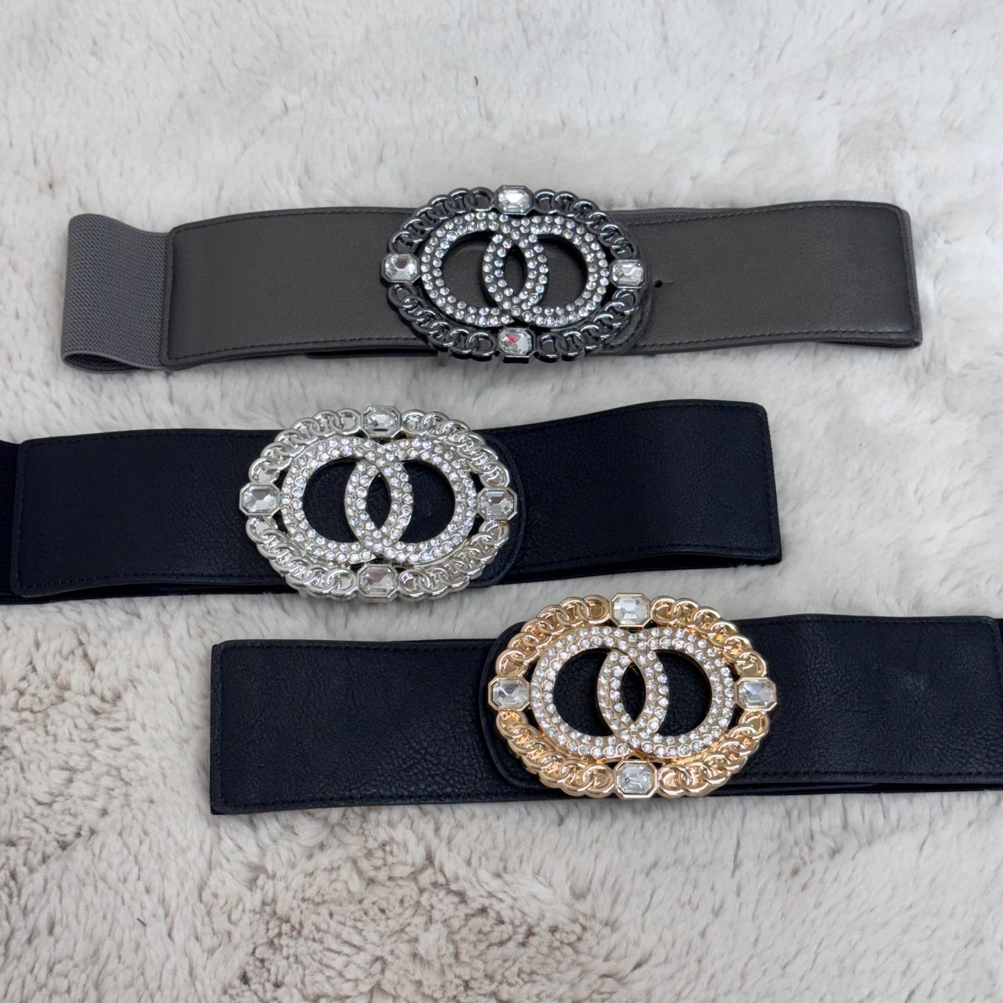 Cleo: Large rhinestone oval buckle belt. One size