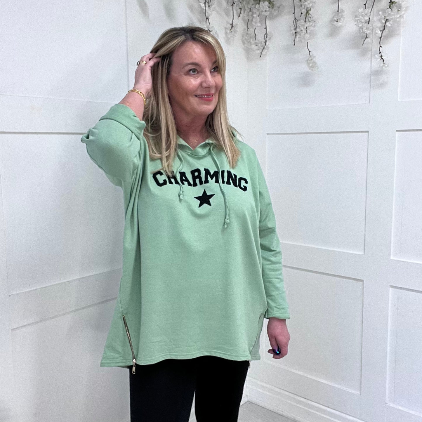 Cindy: Oversized mint Charming logo hooded top. One size: 16-22