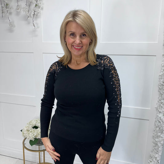 Ceri: Black diamanté embroidered top. 2 sizes