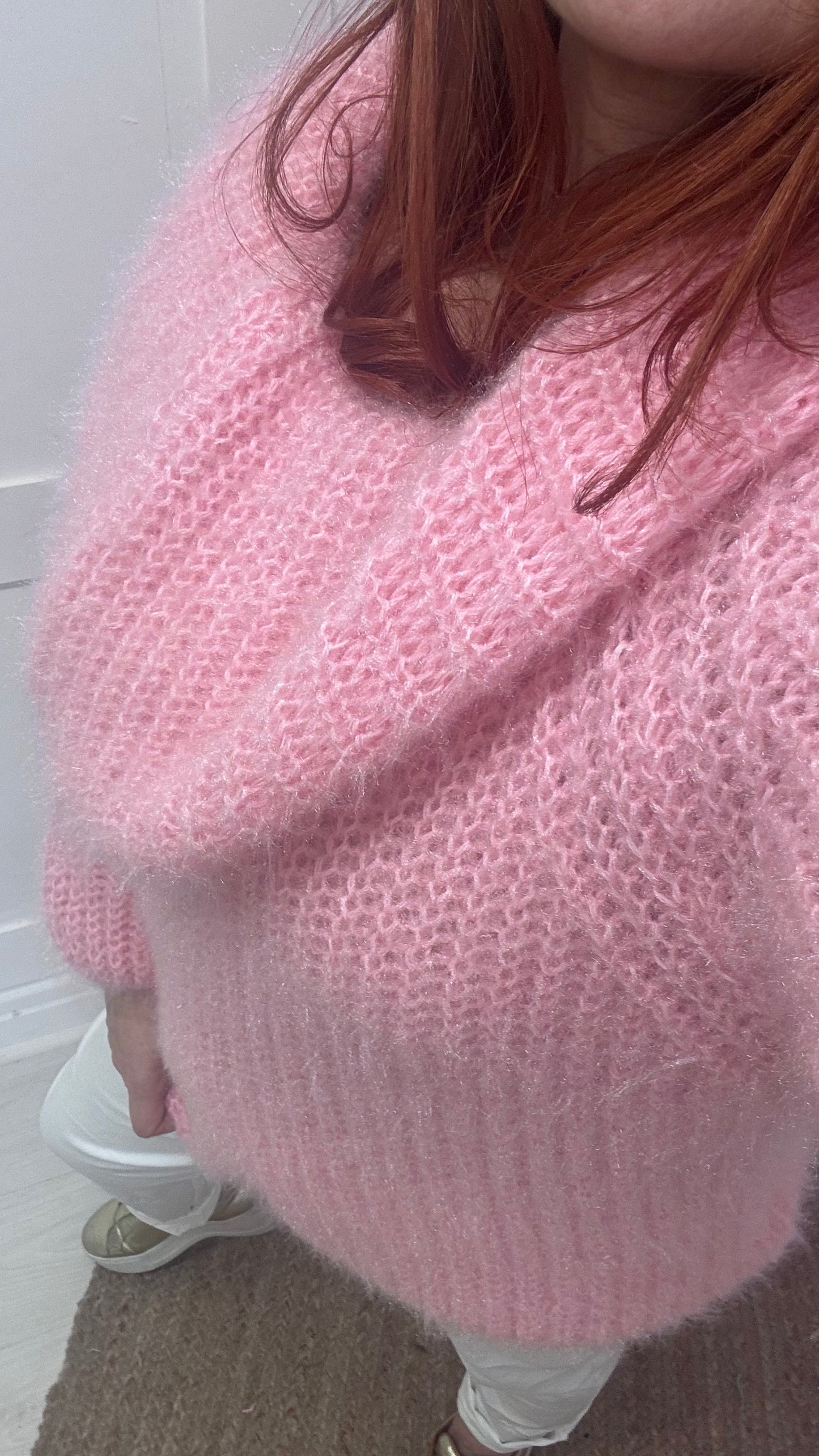 Athena: Baby pink off shoulder cowl neck knit. One size: 12-18