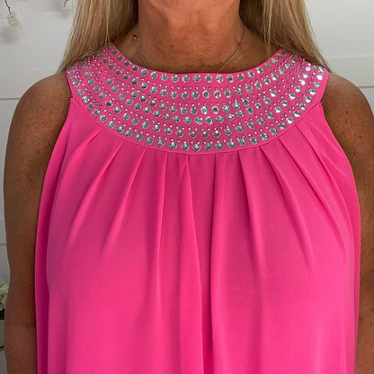 Loretta: Diamanté neck neon floaty dress. One size 16-24