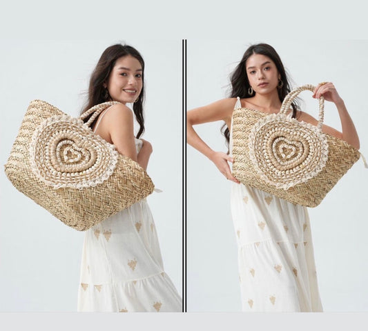 Petra: Large rattan shell & lace heart beach bag