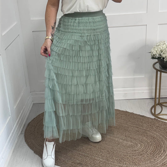 Tiffany: Tulle sage green net multi layer midi skirt. One size 8-18