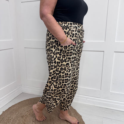 Connie: Leopard print cocoon harem trousers. One Sz: 10-18