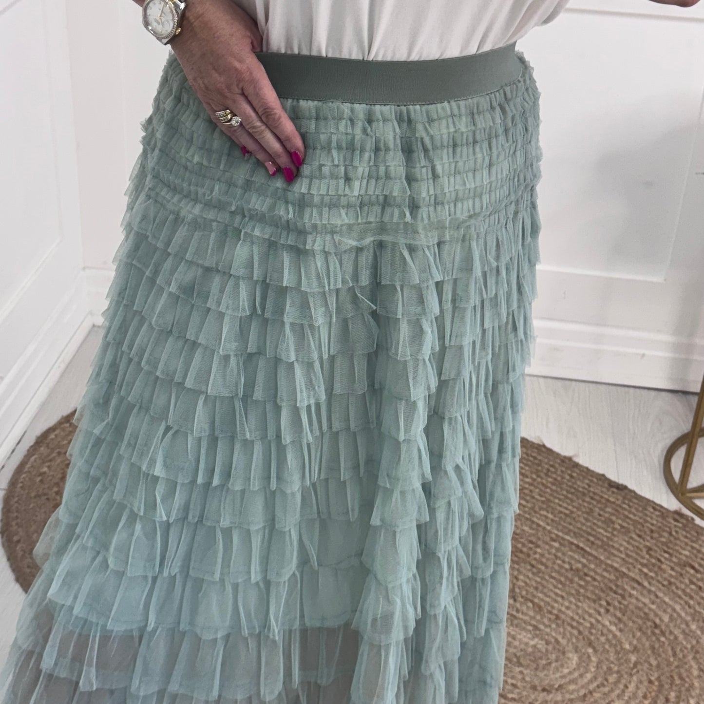 Tiffany: Tulle sage green net multi layer midi skirt. One size 8-18