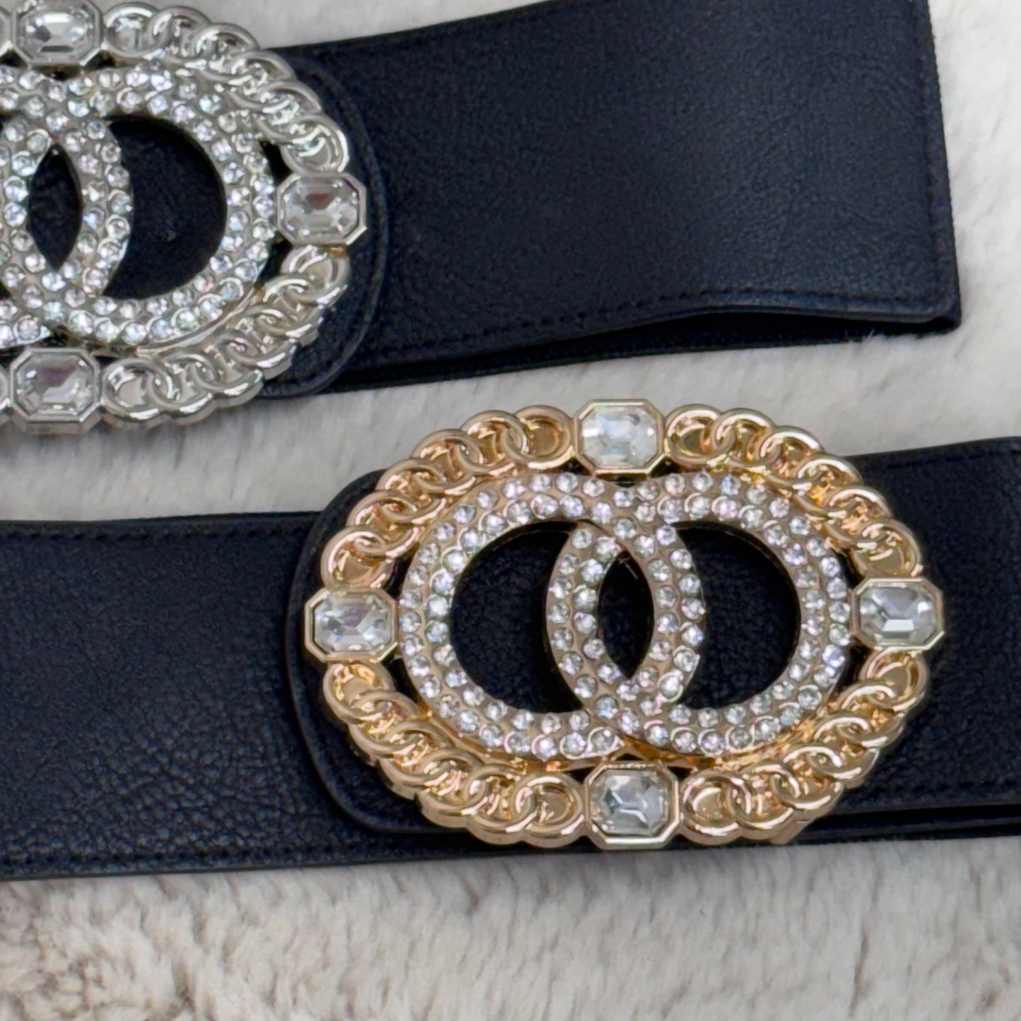 Cleo: Large rhinestone oval buckle belt. One size