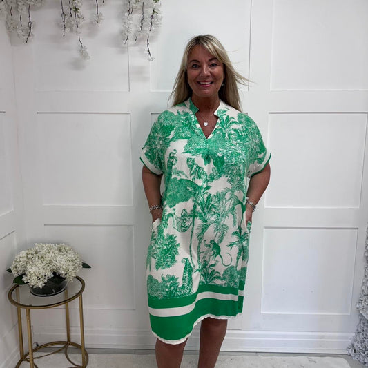 Paloma: Jungle print midi pocket dress. One size: 14-22