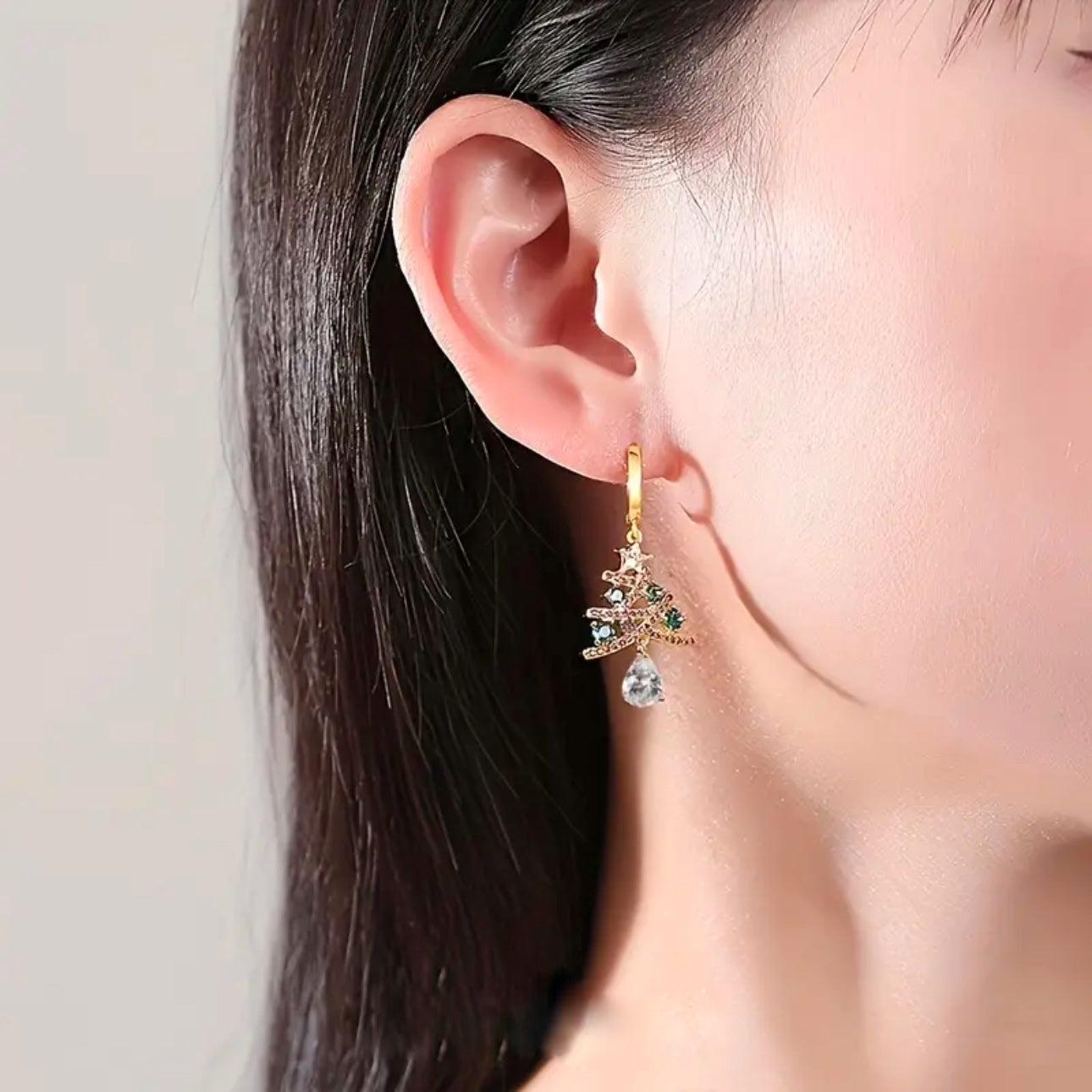 Chrissy: Gold & green Christmas tree hoop earrings