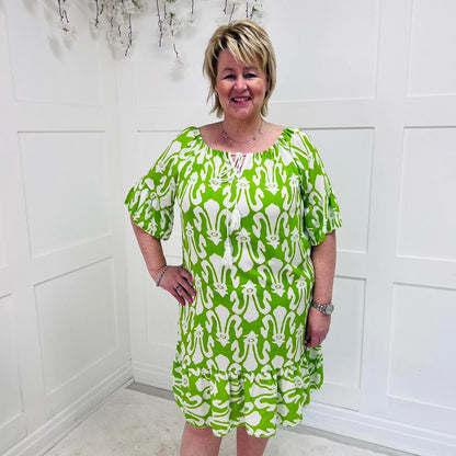 Sharon: Printed Bardot midi dress. One size 12-20