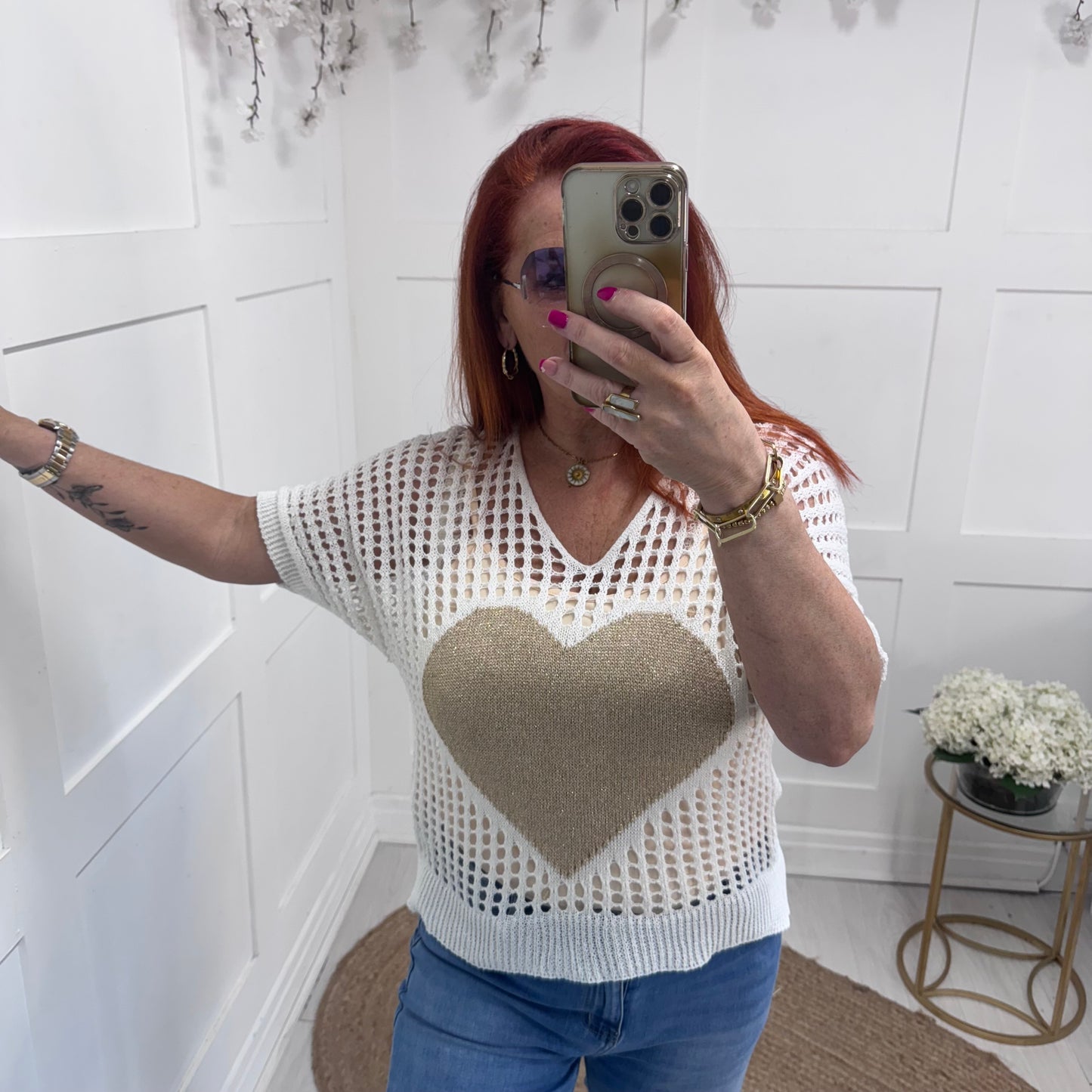 Ruby: White crochet gold heart top. One size: 10-18