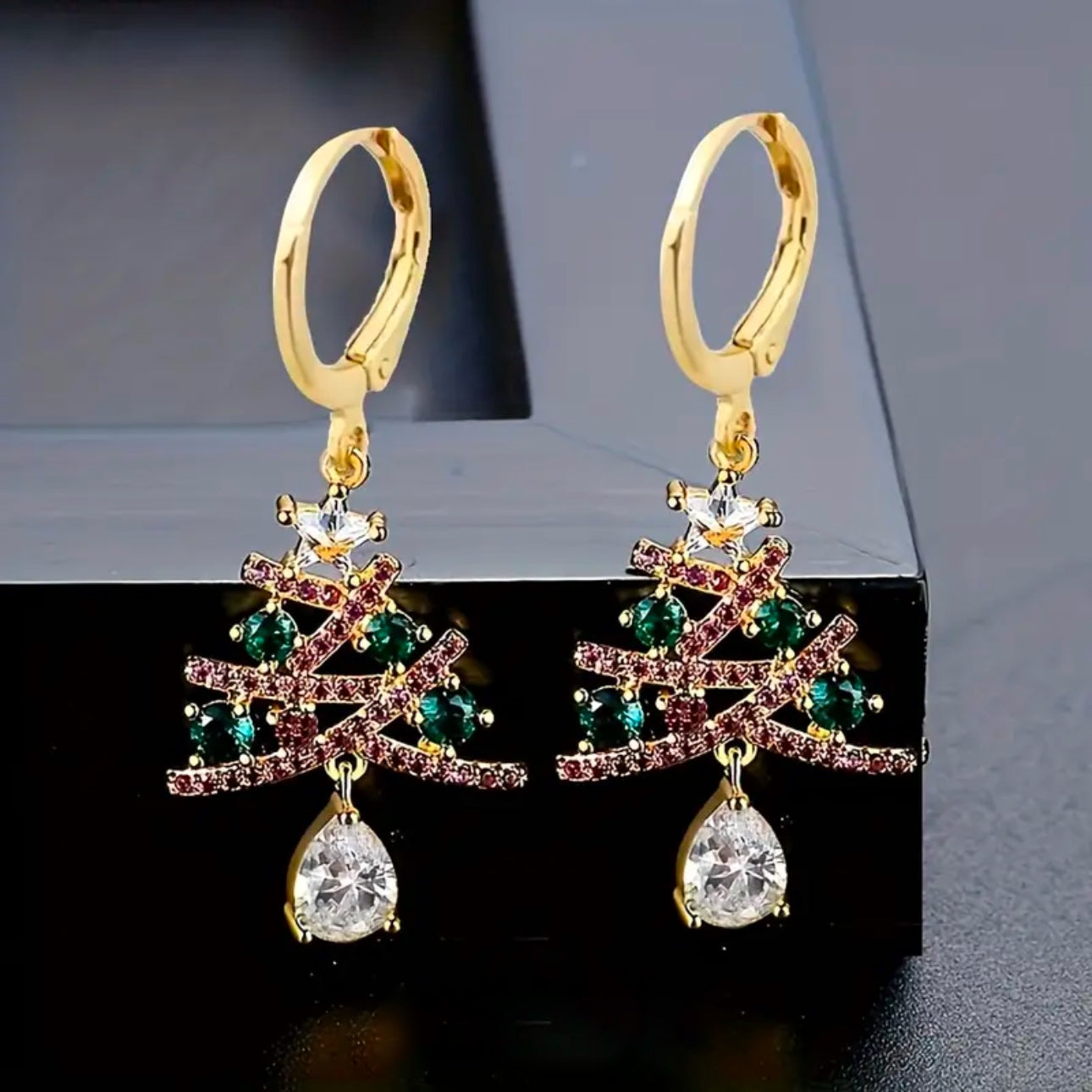 Chrissy: Gold & green Christmas tree hoop earrings