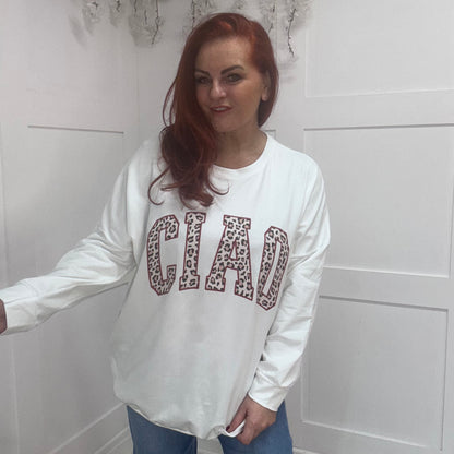 Mckenzie: Ciao leopard print logo sweatshirt. One Sz: 12-20