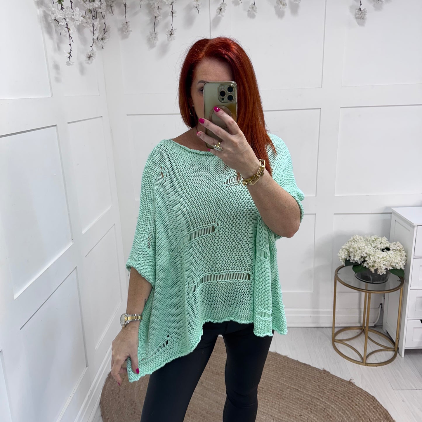 Minni: Mint cotton open crochet knitted top. Free size