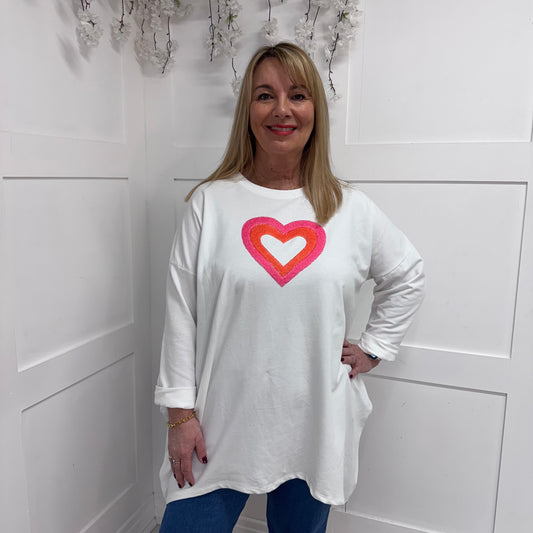 Misha: White oversized rainbow heart sweatshirt with zips. One Sz: 18-24