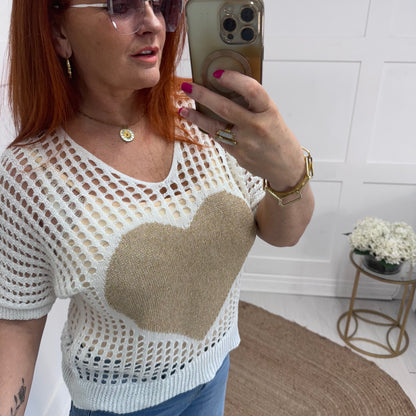 Ruby: White crochet gold heart top. One size: 10-18