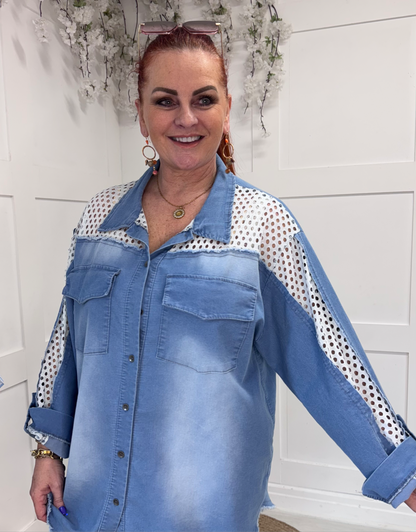 Avery: Oversized stretchy denim shirt. One size: 16-20