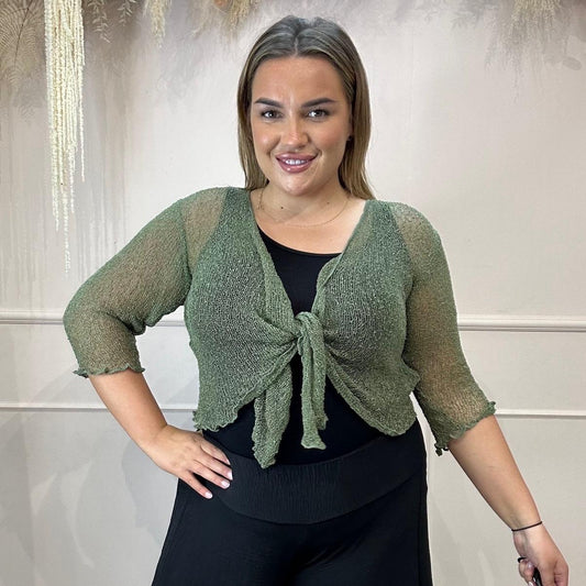 Suki: Stretchy fine knit tie shrug. One size 10-22