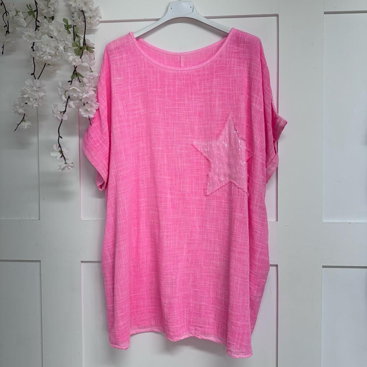 Nina: Cotton sequin star top with pockets. One Size 14-22