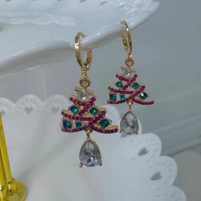 Chrissy: Gold & green Christmas tree hoop earrings