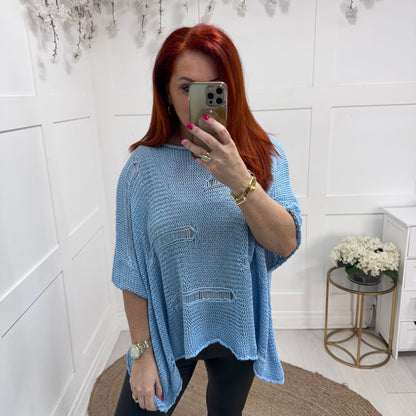 Minni: Blue cotton open crochet knitted top. Free size