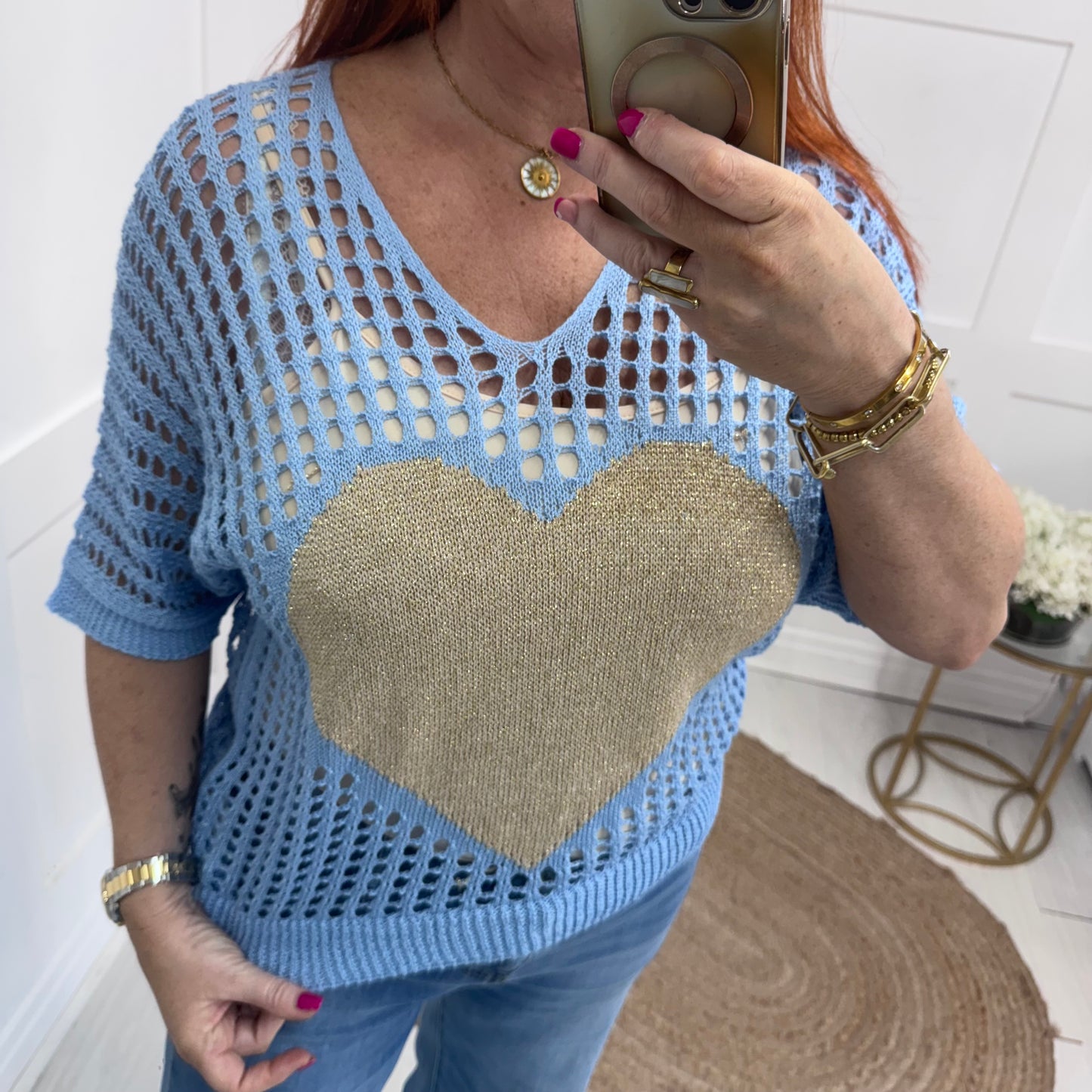 Ruby: Blue crochet gold heart top. One size: 10-18