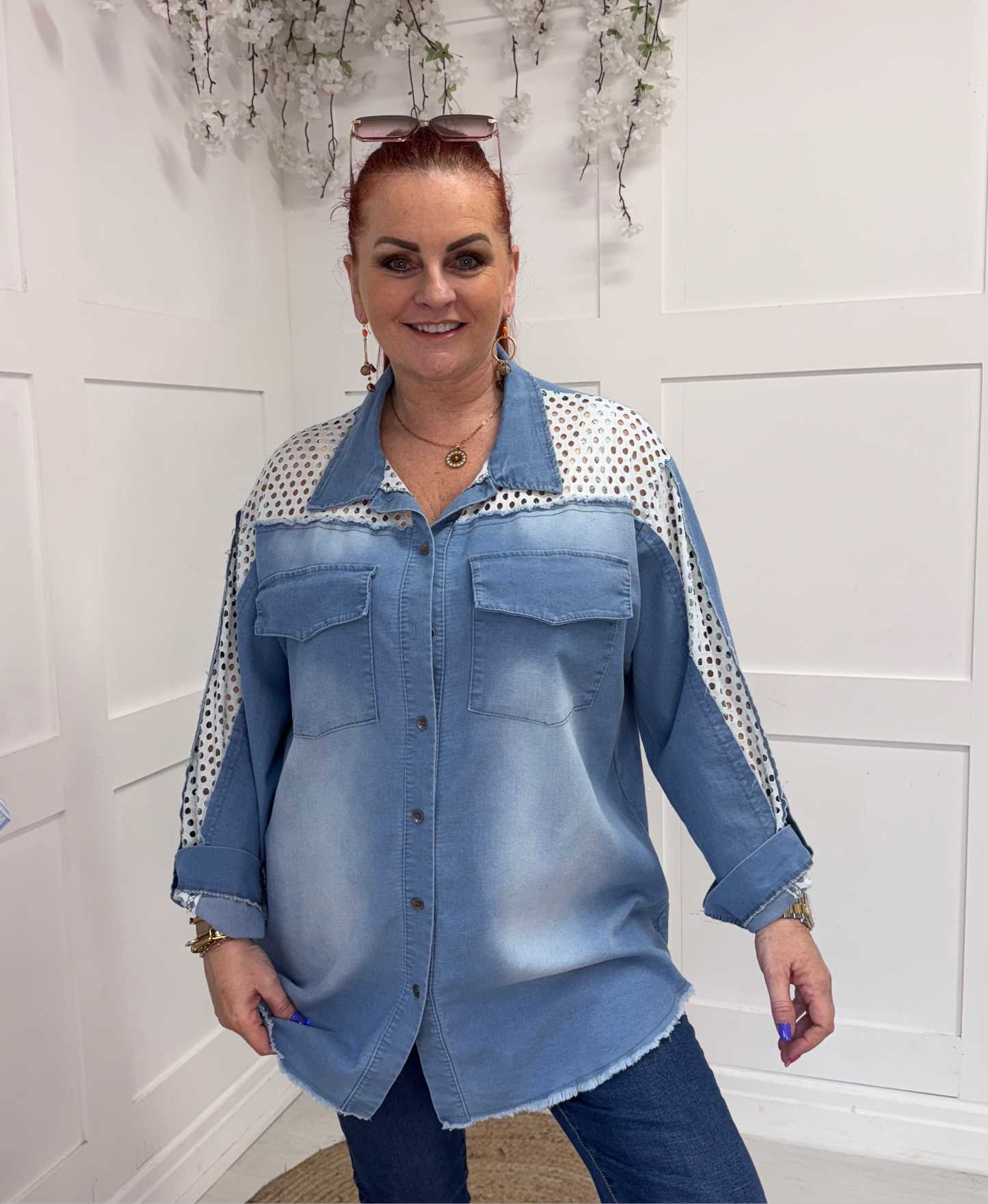 Avery: Oversized stretchy denim shirt. One size: 16-20