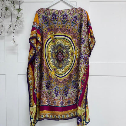 Clara: Silk bright printed kaftan top. One size 12-24