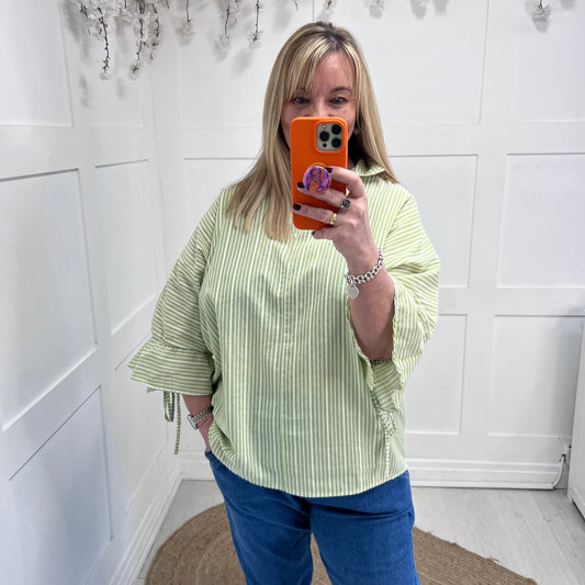 Skylar: Oversized lime stripe cotton shirt with tie sleeves. One Sz: 16-22