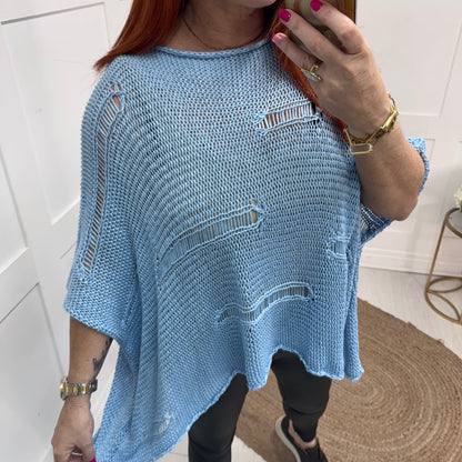 Minni: Blue cotton open crochet knitted top. Free size