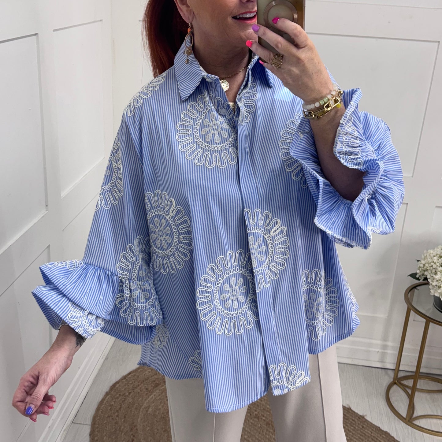 Hollie: Blue stripe embroidered ruffle sleeve shirt. One size: 14-22