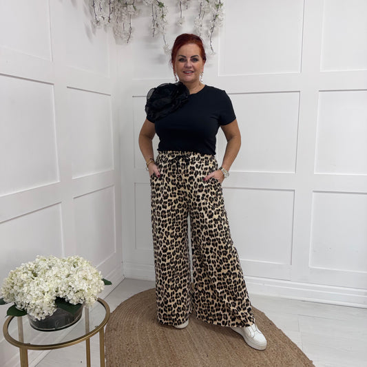 Paige: Leopard print wide leg cotton trousers. One Sz: 10-16