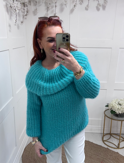 Athena: Aqua off shoulder cowl neck knit. One size: 12-18