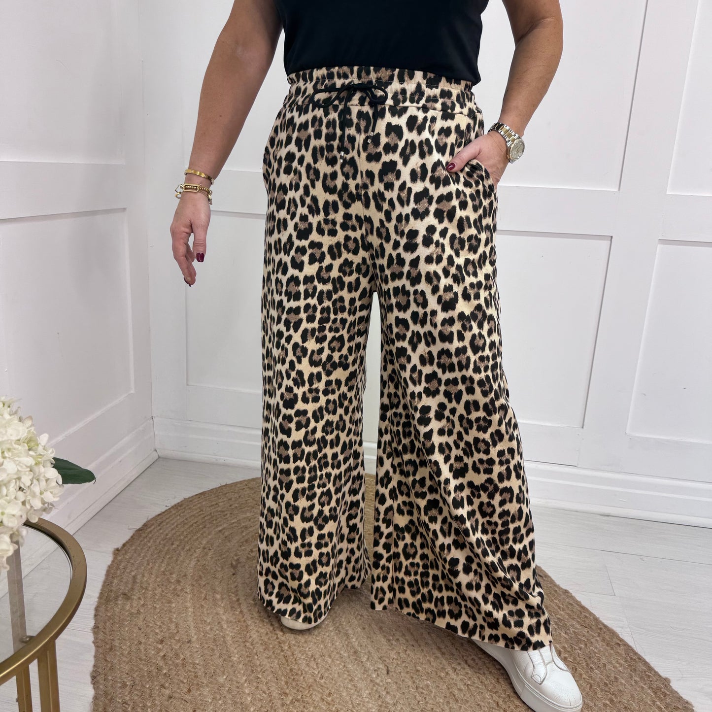 Paige: Leopard print wide leg cotton trousers. One Sz: 10-16