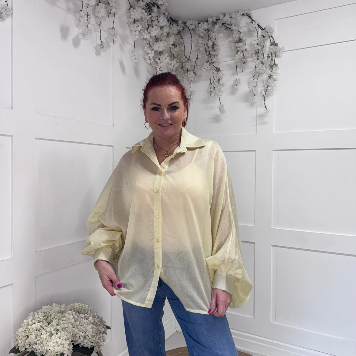 Helena: Lemon silky feel balloon sleeve shirt. One size: 12-22