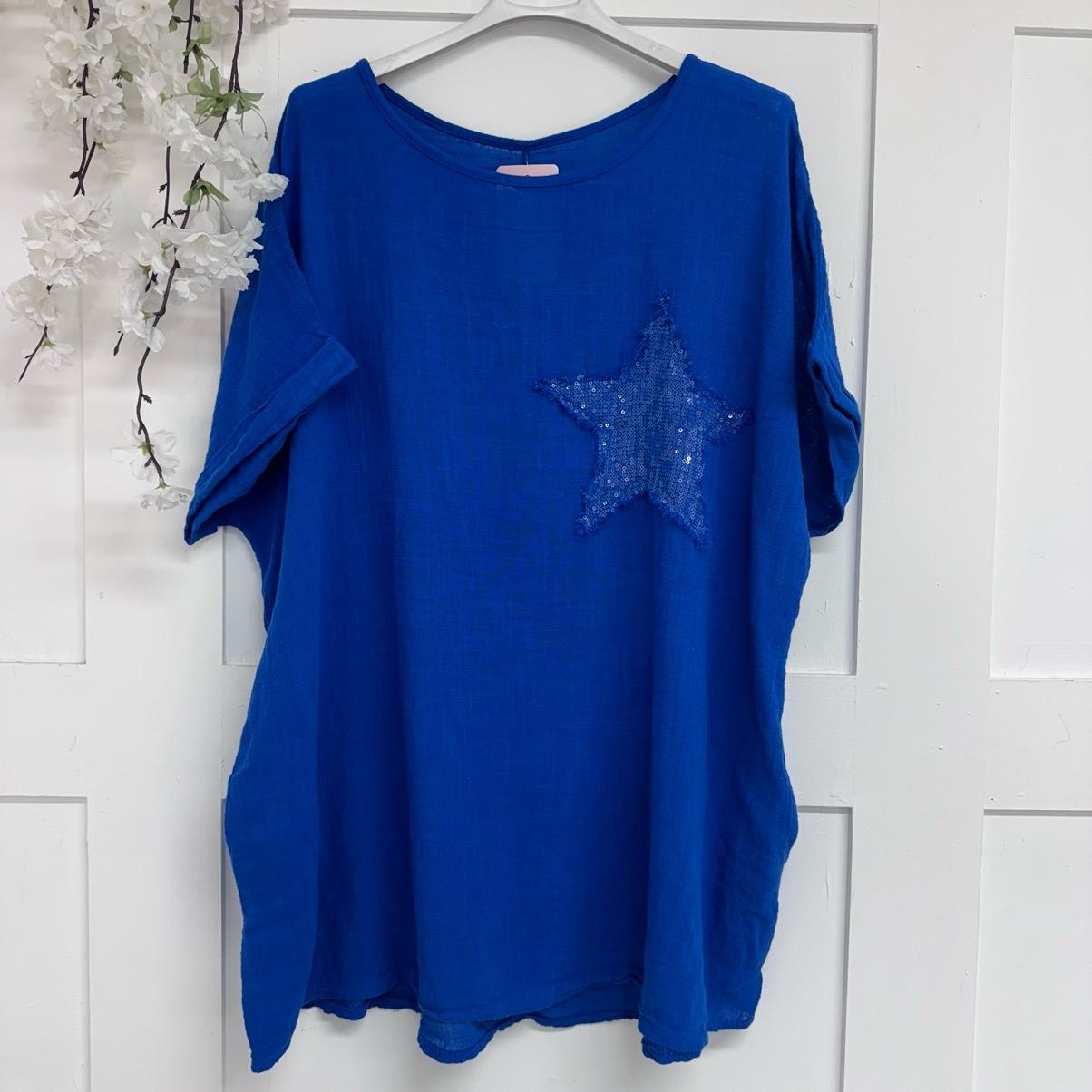 Nina: Cotton sequin star top with pockets. One Size 14-22