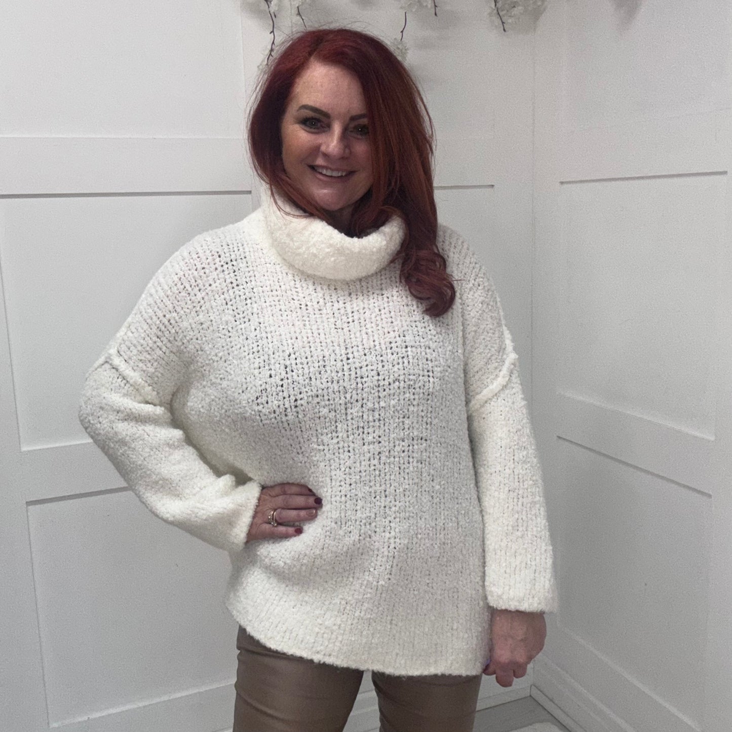 Tamara: Cowl neck long knitted top. One size: 12-20