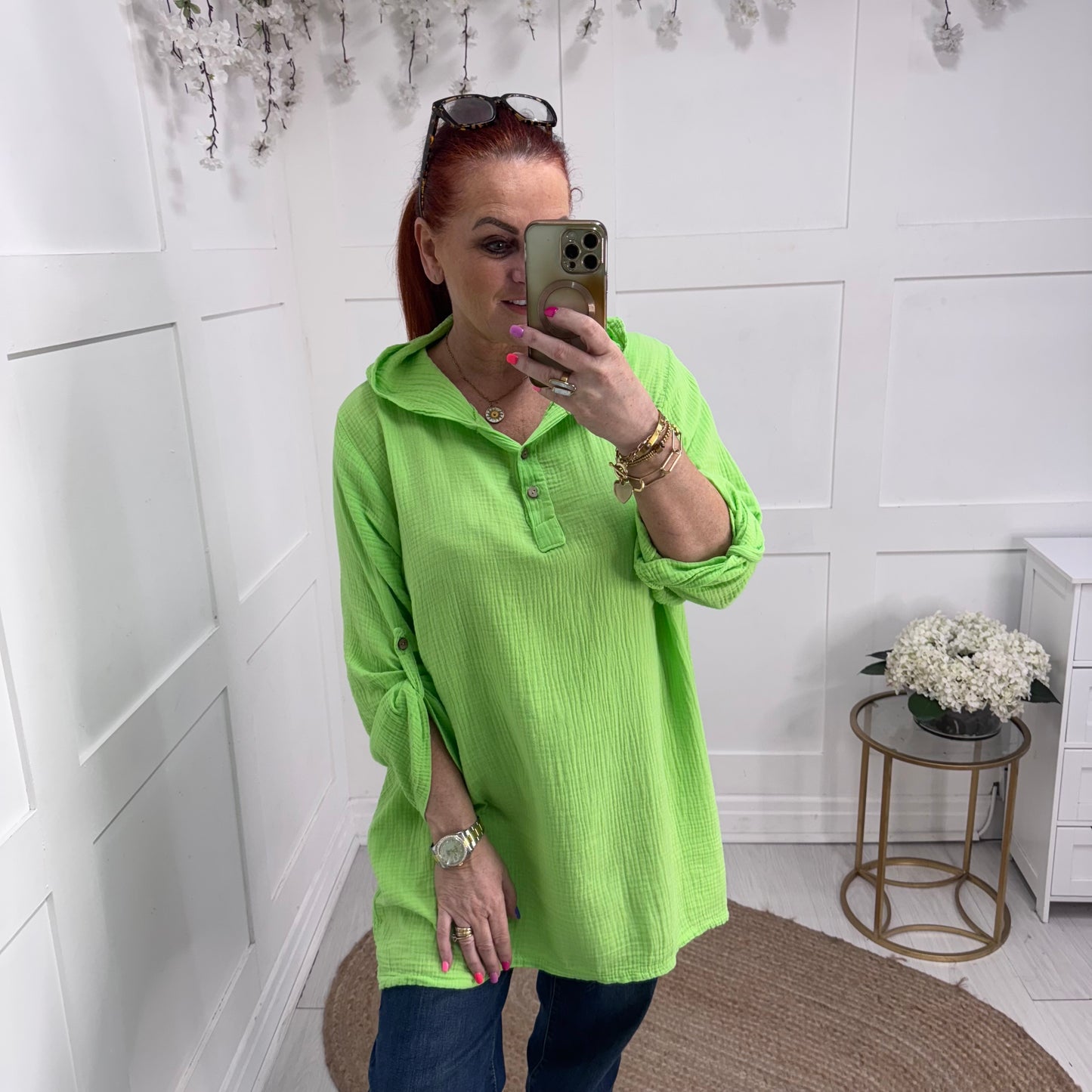 Adriana: Lime longline cheesecloth hooded top. One Sz: 14-22