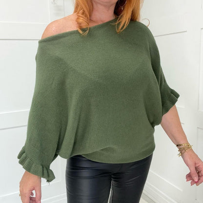 Sierra: Batwing Fluted Sleeve Knitted Top. One Size 12-22