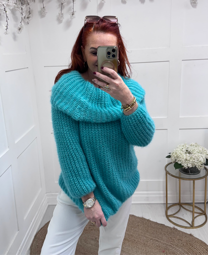 Athena: Aqua off shoulder cowl neck knit. One size: 12-18