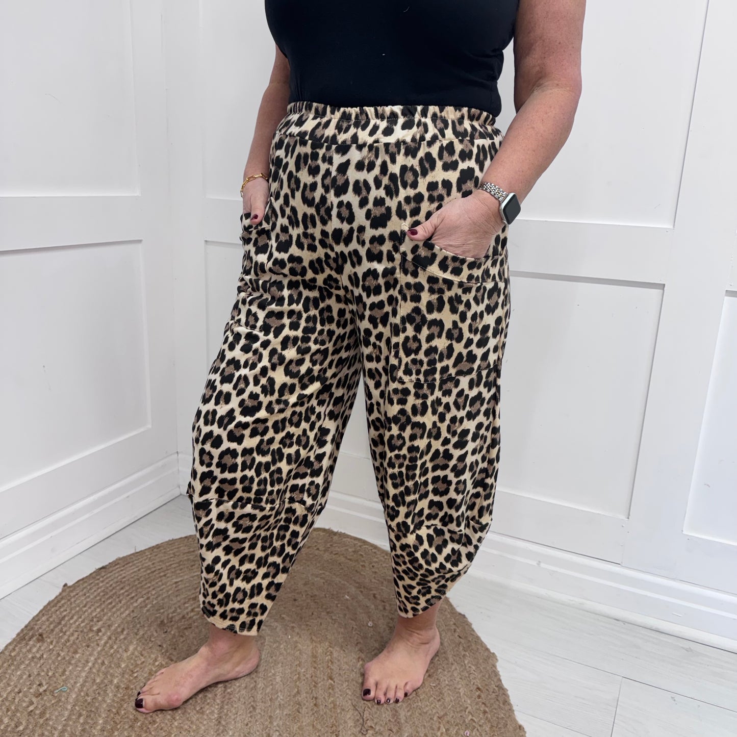 Connie: Leopard print cocoon harem trousers. One Sz: 10-18