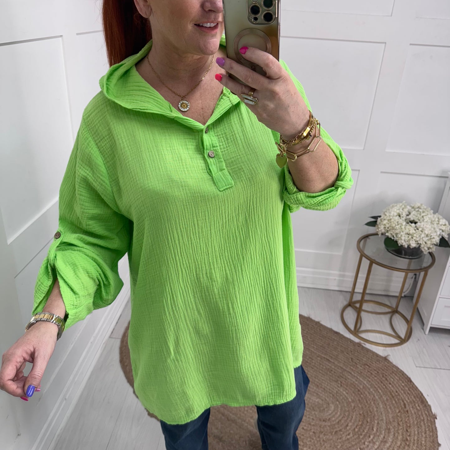 Adriana: Lime longline cheesecloth hooded top. One Sz: 14-22