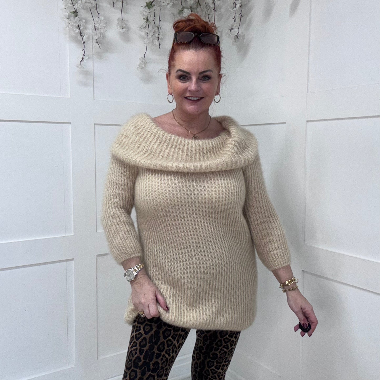 Kez: Longline off the shoulder knitted top. One size: 12-18