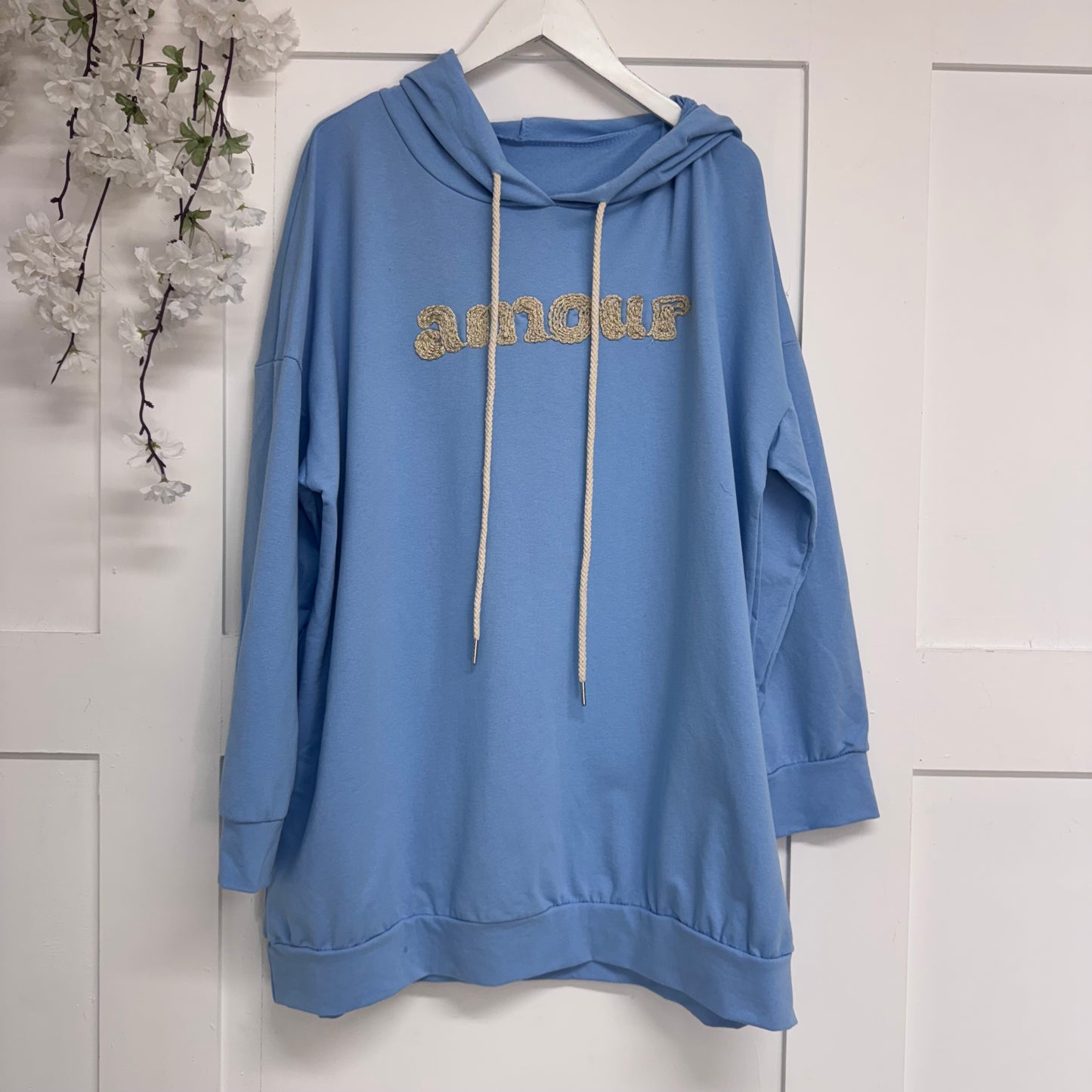 Aubrey: Oversized embroidered Amour hoodie. One Sz: 14-20