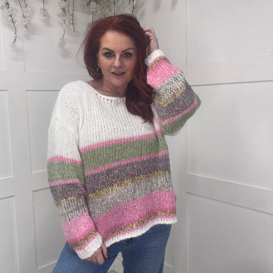 Stacey: Multicoloured cotton stripe knit top. One size: 14-20