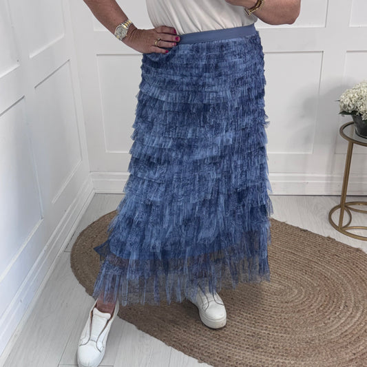 Tiffany: Tulle blue net multi layer midi skirt. One size 8-18