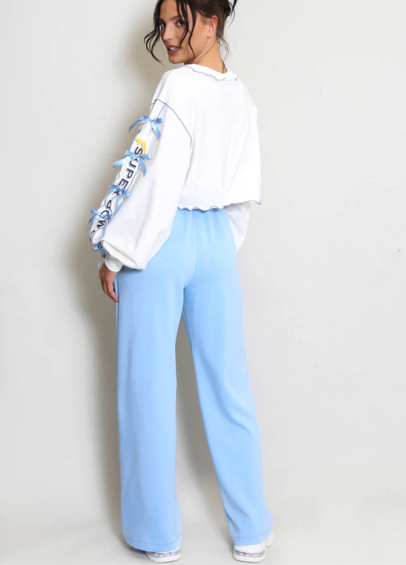 Trudy: Blue stretchy wide leg pocket trousers. 2 sizes