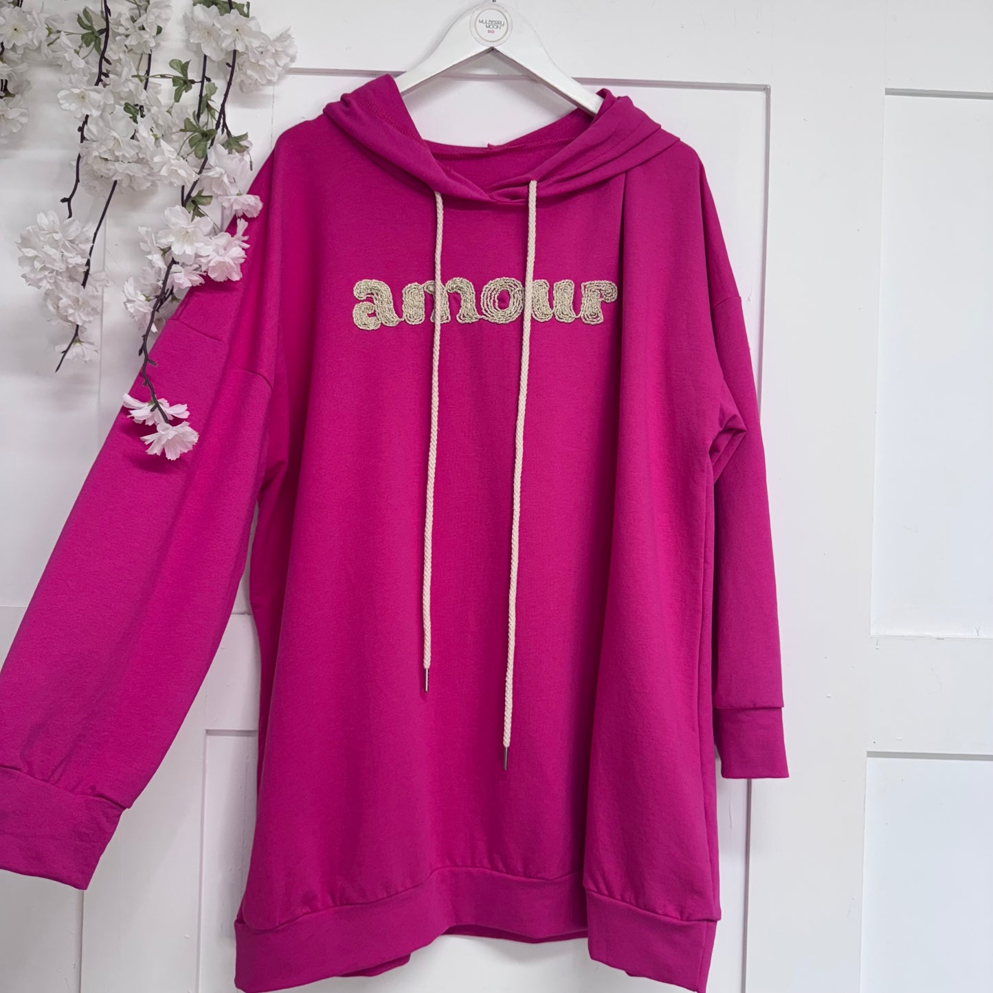 Aubrey: Oversized embroidered Amour hoodie. One Sz: 14-20