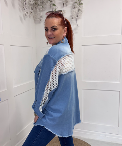 Avery: Oversized stretchy denim shirt. One size: 16-20